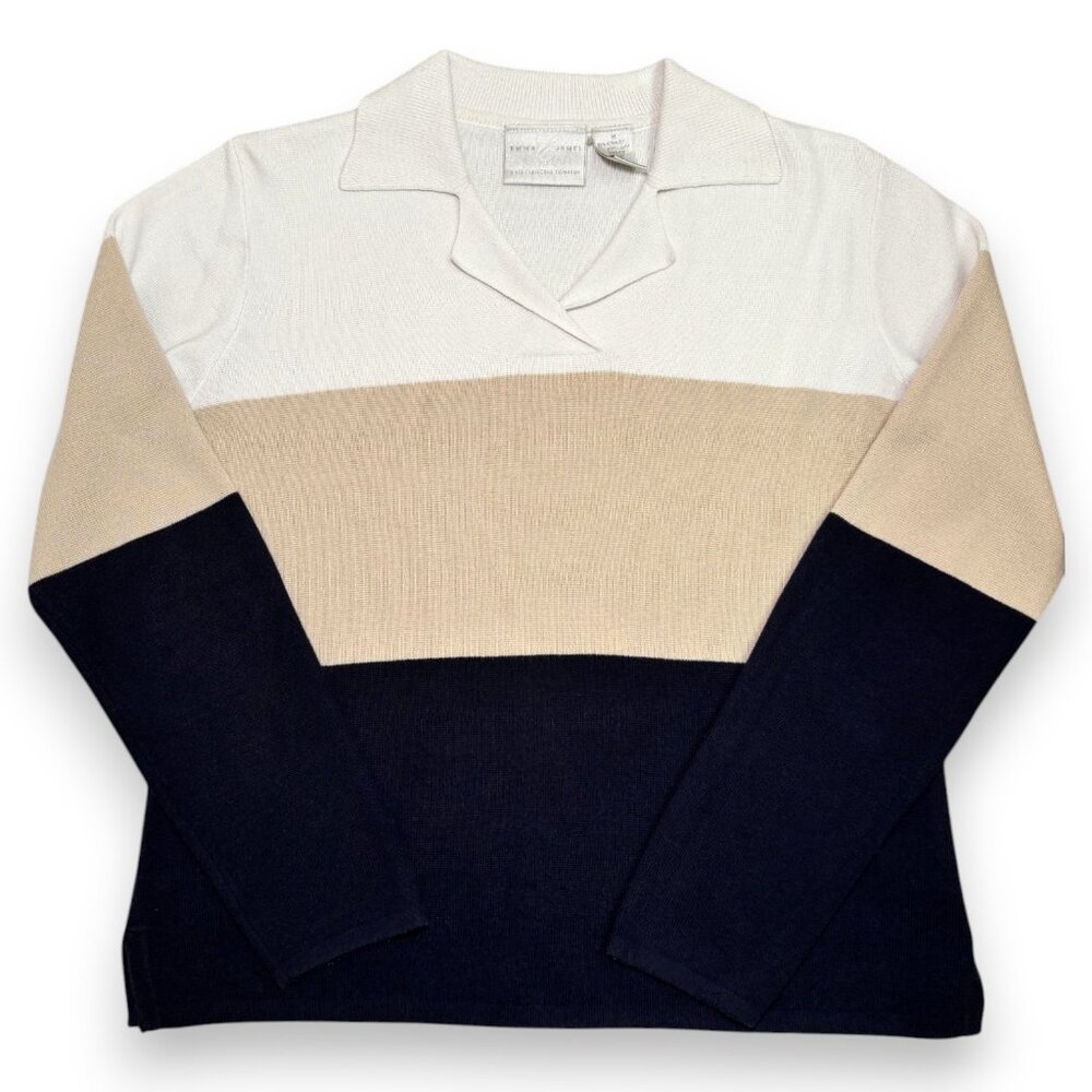 Emma James Liz Claiborne Preppy Colorblock Striped Collar Sweater Quiet Luxury M